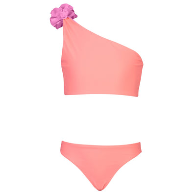 Neon Coral Reversible One Shoulder Bikini with Pom Pom
