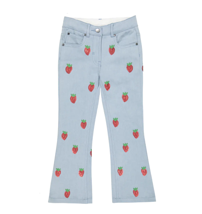 Girl's Sequin Strawberries Embroidered Flare Denim Pants