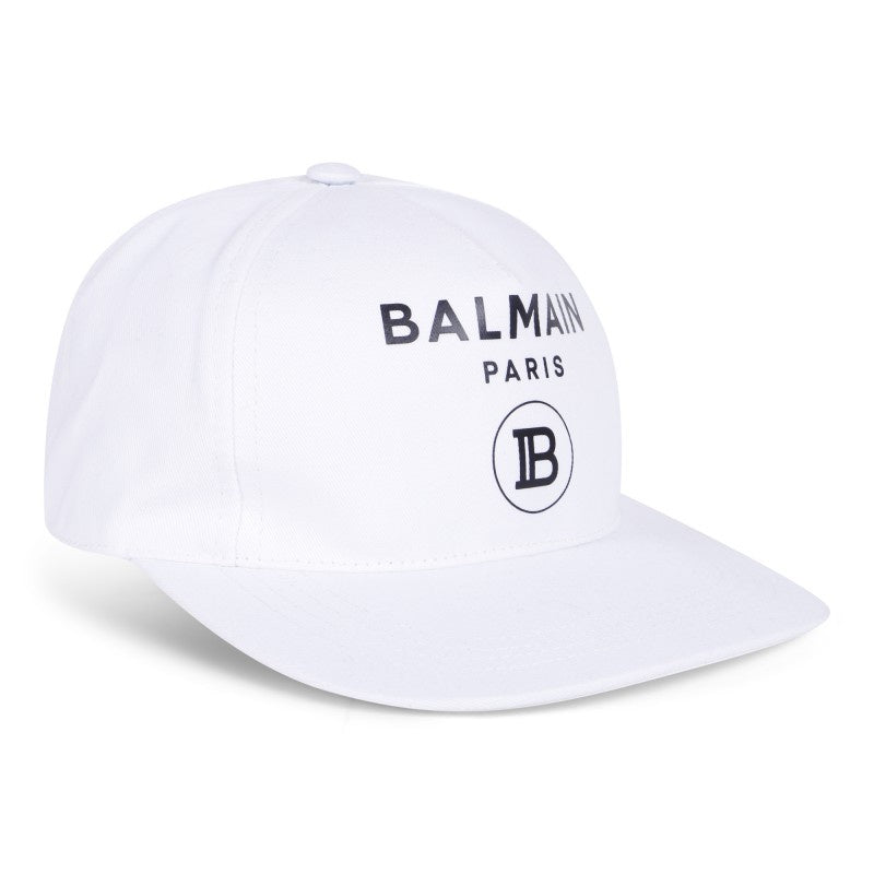 BALMAIN LOGO PRINT CANVAS BASEBALL CAP WHITE